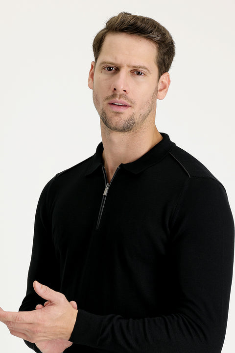 Siyah Polo Yaka Slim Fit Dar Kesim Fermuarlı Desenli Pamuklu Triko Kazak