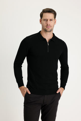  Siyah Polo Yaka Slim Fit Dar Kesim Fermuarlı Desenli Pamuklu Triko Kazak