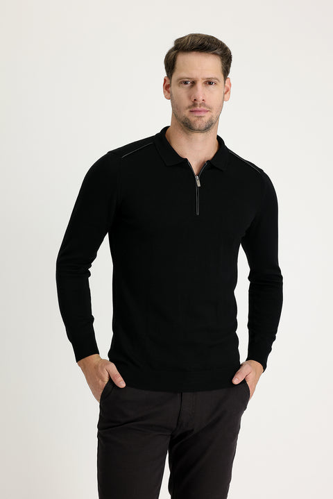 Siyah Polo Yaka Slim Fit Dar Kesim Fermuarlı Desenli Pamuklu Triko Kazak
