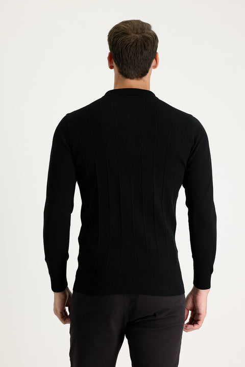 Siyah Polo Yaka Slim Fit Dar Kesim Fermuarlı Desenli Pamuklu Triko Kazak