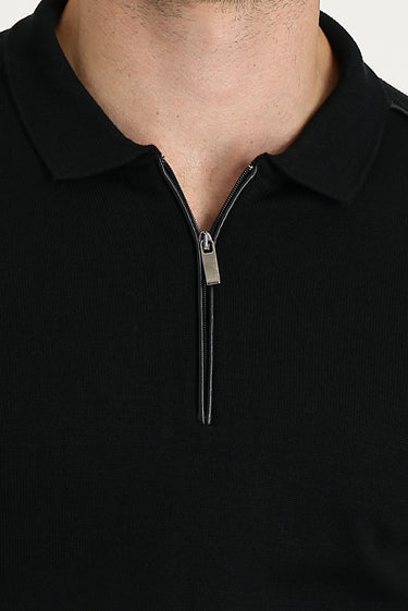 Siyah Polo Yaka Slim Fit Dar Kesim Fermuarlı Desenli Pamuklu Triko Kazak