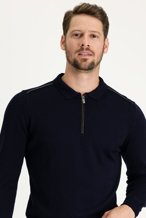 Koyu Lacivert Polo Yaka Slim Fit Dar Kesim Fermuarlı Desenli Triko Kazak