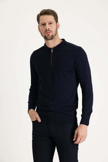 Koyu Lacivert Polo Yaka Slim Fit Dar Kesim Fermuarlı Desenli Triko Kazak