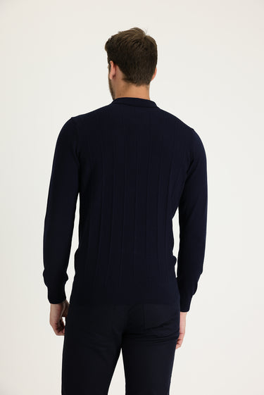 Koyu Lacivert Polo Yaka Slim Fit Dar Kesim Fermuarlı Desenli Triko Kazak