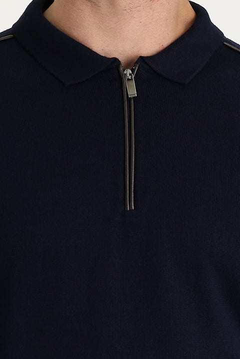 Koyu Lacivert Polo Yaka Slim Fit Dar Kesim Fermuarlı Desenli Triko Kazak