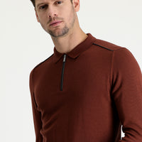 Kiremit Polo Yaka Slim Fit Dar Kesim Fermuarlı Desenli Triko Kazak