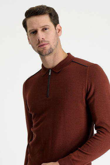  Kiremit Polo Yaka Slim Fit Dar Kesim Fermuarlı Desenli Triko Kazak