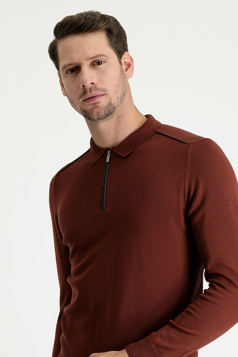 Kiremit Polo Yaka Slim Fit Dar Kesim Fermuarlı Desenli Triko Kazak