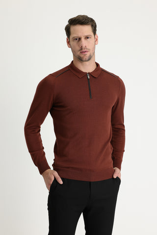  Kiremit Polo Yaka Slim Fit Dar Kesim Fermuarlı Desenli Pamuklu Triko Kazak