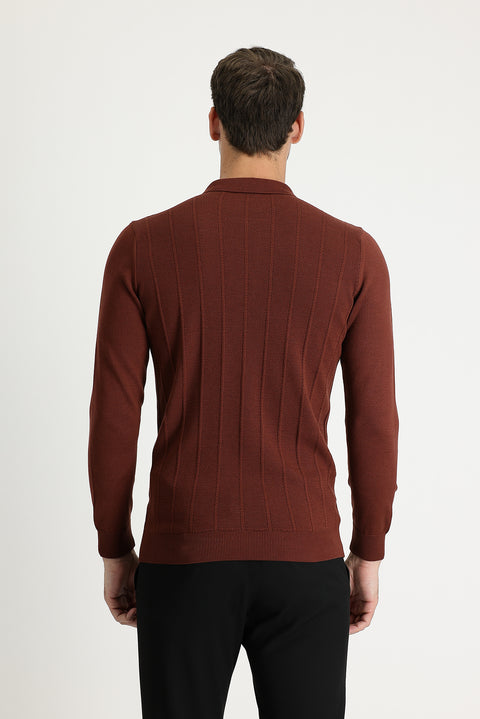 Kiremit Polo Yaka Slim Fit Dar Kesim Fermuarlı Desenli Triko Kazak