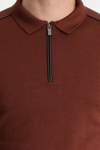  Kiremit Polo Yaka Slim Fit Dar Kesim Fermuarlı Desenli Pamuklu Triko Kazak
