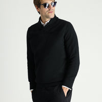 Siyah Şal Yaka Slim Fit Dar Kesim Desenli Pamuklu Triko Kazak