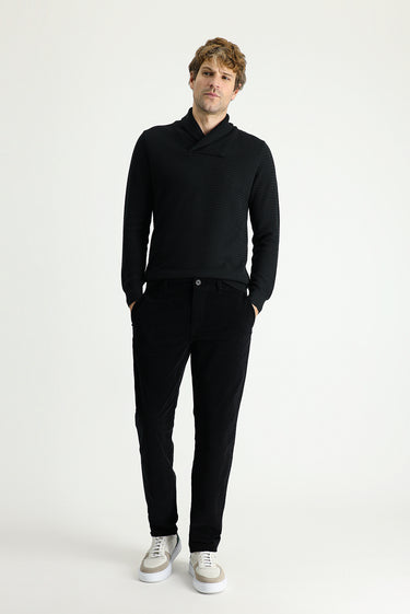 Siyah Şal Yaka Slim Fit Dar Kesim Desenli Pamuklu Triko Kazak