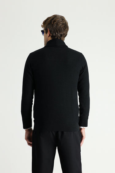 Siyah Şal Yaka Slim Fit Dar Kesim Desenli Pamuklu Triko Kazak