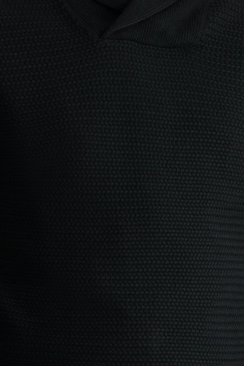 Siyah Şal Yaka Slim Fit Dar Kesim Desenli Pamuklu Triko Kazak