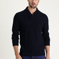 Koyu Lacivert Şal Yaka Slim Fit Dar Kesim Desenli Pamuklu Triko Kazak