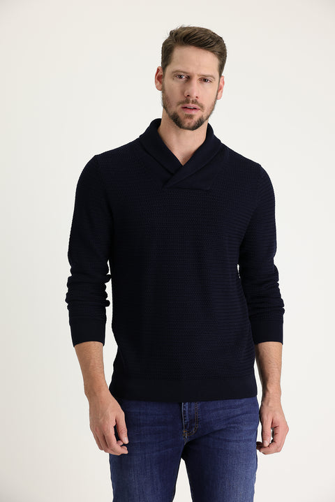 Koyu Lacivert Şal Yaka Slim Fit Dar Kesim Desenli Pamuklu Triko Kazak
