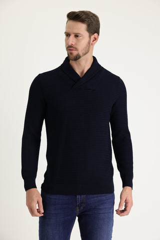  Koyu Lacivert Şal Yaka Slim Fit Dar Kesim Desenli Pamuklu Triko Kazak