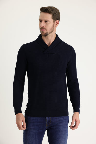 Koyu Lacivert Şal Yaka Slim Fit Dar Kesim Desenli Pamuklu Triko Kazak