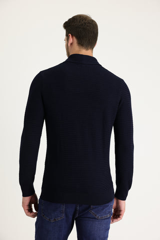  Koyu Lacivert Şal Yaka Slim Fit Dar Kesim Desenli Pamuklu Triko Kazak