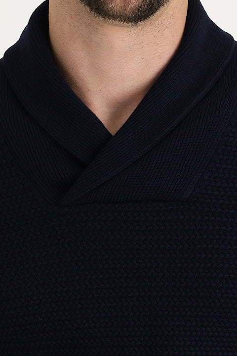 Koyu Lacivert Şal Yaka Slim Fit Dar Kesim Desenli Pamuklu Triko Kazak