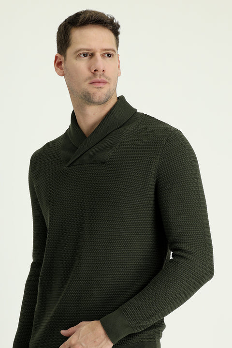 Orta Haki Şal Yaka Slim Fit Dar Kesim Desenli Pamuklu Triko Kazak