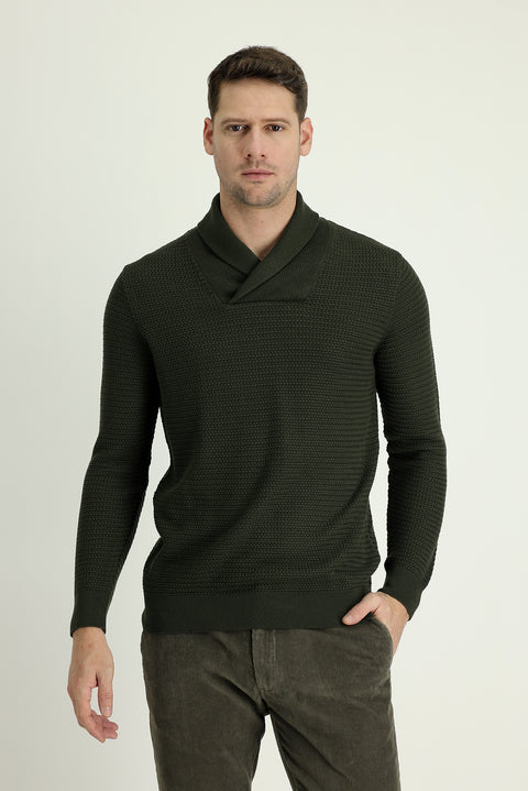 Orta Haki Şal Yaka Slim Fit Dar Kesim Desenli Pamuklu Triko Kazak