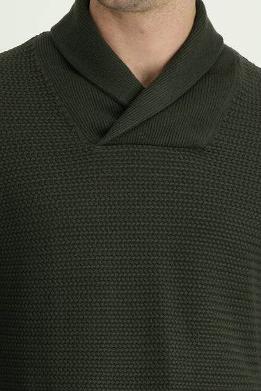 Orta Haki Şal Yaka Slim Fit Dar Kesim Desenli Pamuklu Triko Kazak