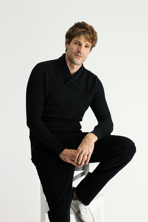 Siyah Şal Yaka Slim Fit Dar Kesim Desenli Pamuklu Triko Kazak