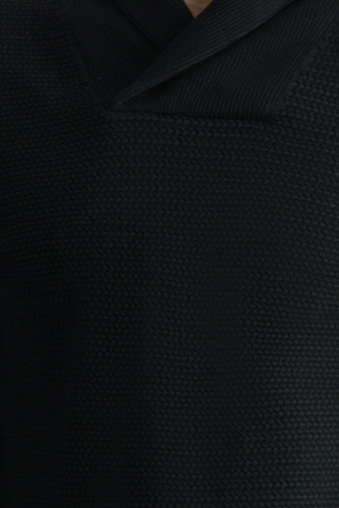 Siyah Şal Yaka Slim Fit Dar Kesim Desenli Pamuklu Triko Kazak