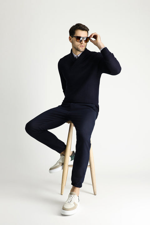 Koyu Lacivert Şal Yaka Slim Fit Dar Kesim Desenli Pamuklu Triko Kazak