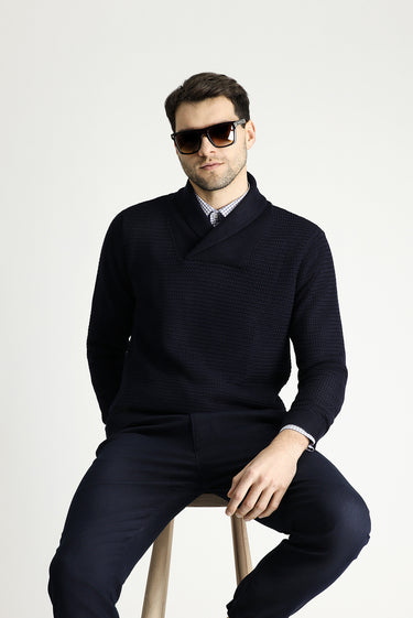 Koyu Lacivert Şal Yaka Slim Fit Dar Kesim Desenli Pamuklu Triko Kazak