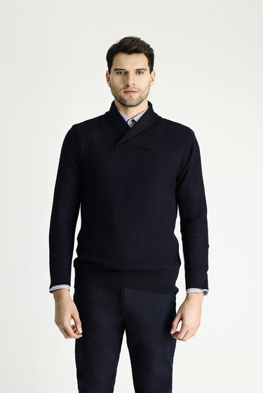 Koyu Lacivert Şal Yaka Slim Fit Dar Kesim Desenli Pamuklu Triko Kazak