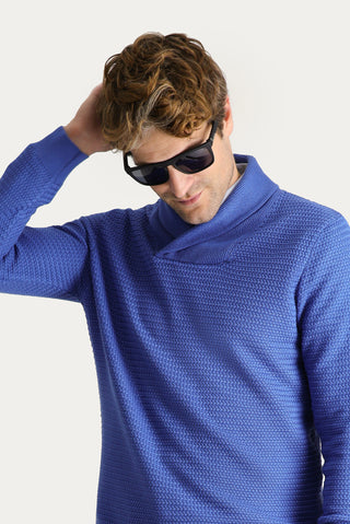  Koyu Mavi  Şal Yaka Slim Fit Dar Kesim Desenli Pamuklu Triko Kazak