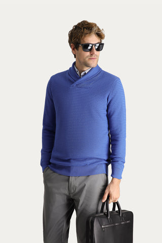  Koyu Mavi  Şal Yaka Slim Fit Dar Kesim Desenli Pamuklu Triko Kazak