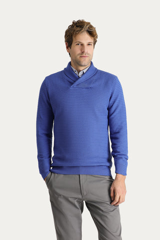  Koyu Mavi  Şal Yaka Slim Fit Dar Kesim Desenli Pamuklu Triko Kazak