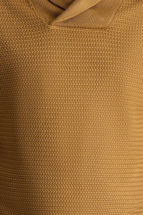 Camel Şal Yaka Slim Fit Dar Kesim Desenli Pamuklu Triko Kazak