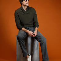 Orta Haki Şal Yaka Slim Fit Dar Kesim Desenli Pamuklu Triko Kazak