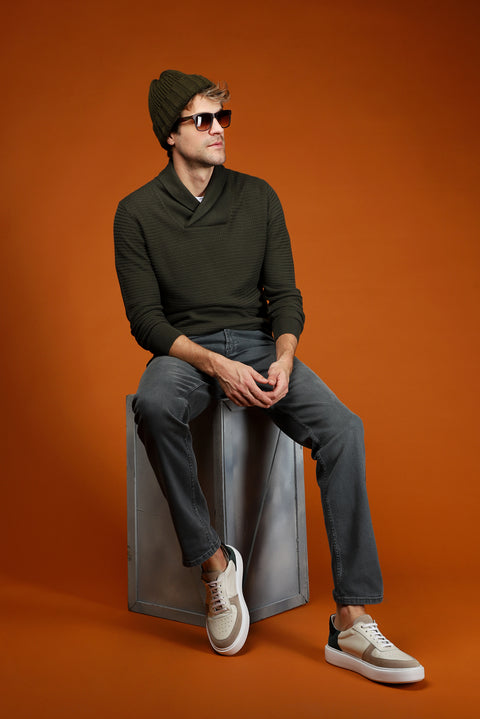 Orta Haki Şal Yaka Slim Fit Dar Kesim Desenli Pamuklu Triko Kazak