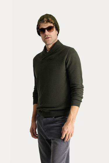 Orta Haki Şal Yaka Slim Fit Dar Kesim Desenli Pamuklu Triko Kazak