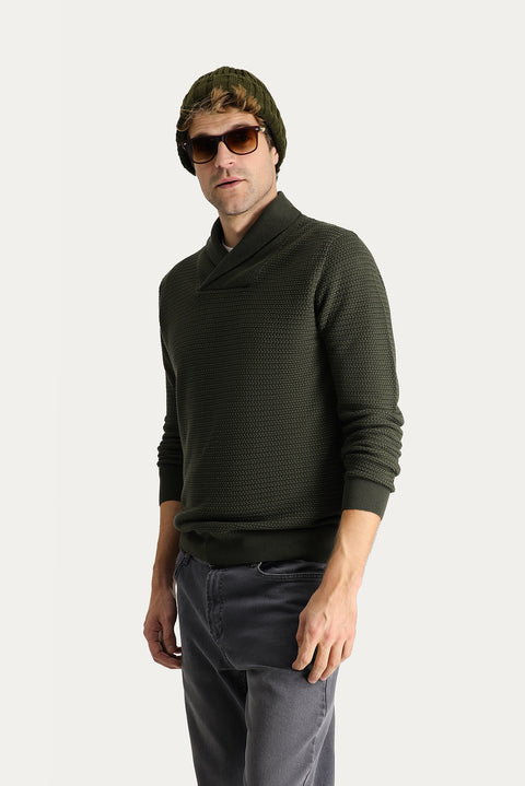 Orta Haki Şal Yaka Slim Fit Dar Kesim Desenli Pamuklu Triko Kazak