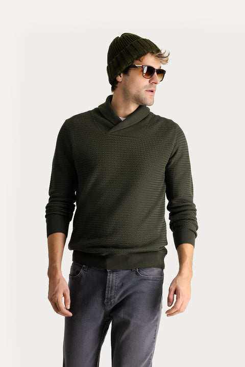 Orta Haki Şal Yaka Slim Fit Dar Kesim Desenli Pamuklu Triko Kazak