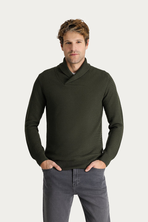 Orta Haki Şal Yaka Slim Fit Dar Kesim Desenli Pamuklu Triko Kazak