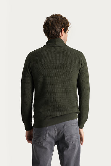 Orta Haki Şal Yaka Slim Fit Dar Kesim Desenli Pamuklu Triko Kazak