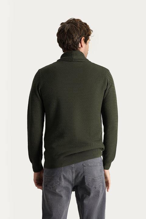 Orta Haki Şal Yaka Slim Fit Dar Kesim Desenli Pamuklu Triko Kazak