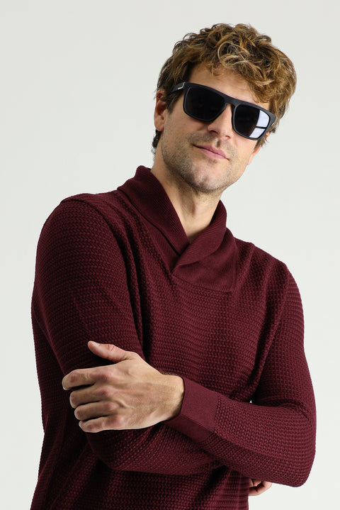 Koyu Bordo Şal Yaka Slim Fit Dar Kesim Desenli Pamuklu Triko Kazak