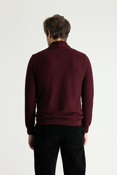  Koyu Bordo Şal Yaka Slim Fit Dar Kesim Desenli Pamuklu Triko Kazak