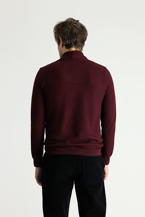 Koyu Bordo Şal Yaka Slim Fit Dar Kesim Desenli Pamuklu Triko Kazak