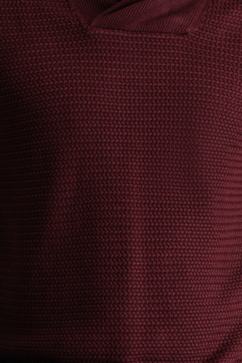 Koyu Bordo Şal Yaka Slim Fit Dar Kesim Desenli Pamuklu Triko Kazak