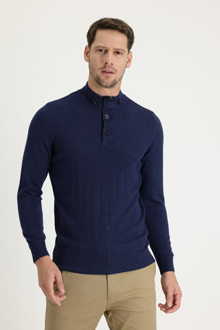  Orta Lacivert Melanj Yarım Balıkçı Yaka Slim Fit Dar Kesim Desenli Pamuklu Triko Kazak